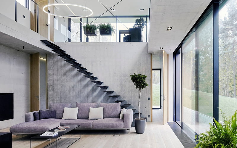 stylish interior of the villa, modern design, living room, stylish black staircase, gray walls, loft style, HD wallpaper
