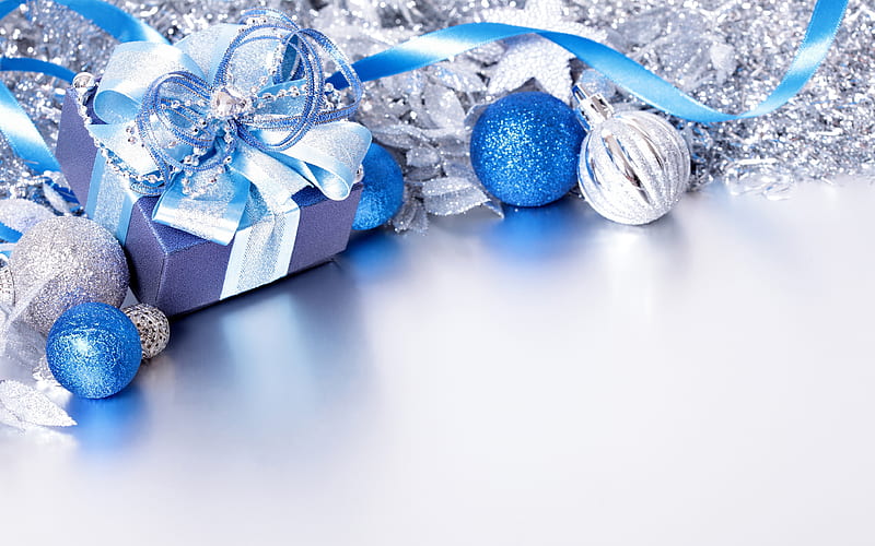 blue Christmas balls Christmas, New Year decorations, New Year 2018, ribbons, HD wallpaper