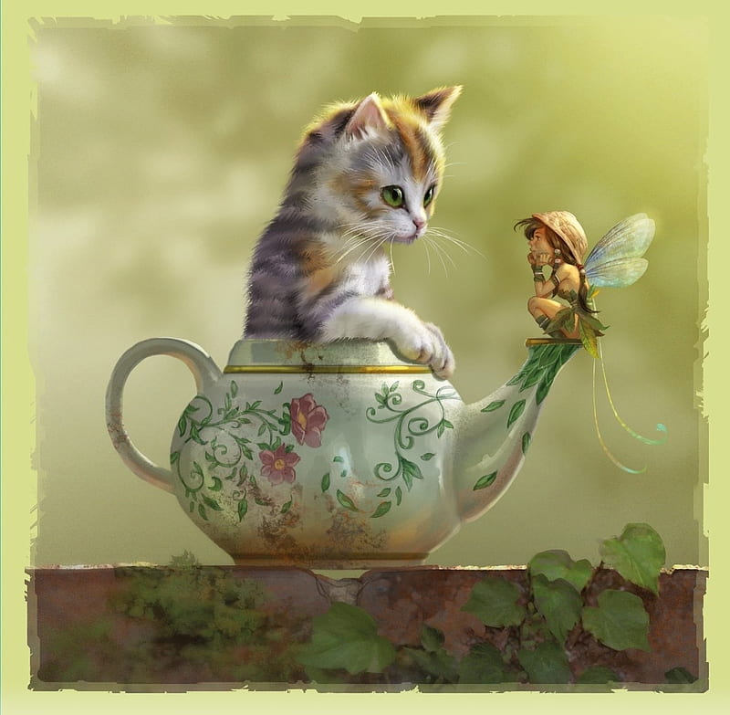 cup, kitten, cat, fairy, art, luminos, teapot, cute, fantasy, green, girl, paolo barbieri, pisici, HD wallpaper