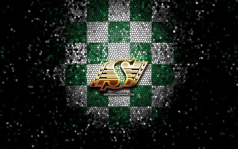 Saskatchewan Roughriders, glitter logo, CFL, green white checkered background, soccer, canadian football team, Saskatchewan Roughriders logo, mosaic art, canadian football, HD wallpaper