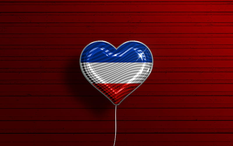 I Love Schleswig-Holstein, realistic balloons, red wooden background, States of Germany, Schleswig-Holstein flag heart, flag of Schleswig-Holstein, balloon with flag, German states, Love Schleswig-Holstein, Germany, HD wallpaper