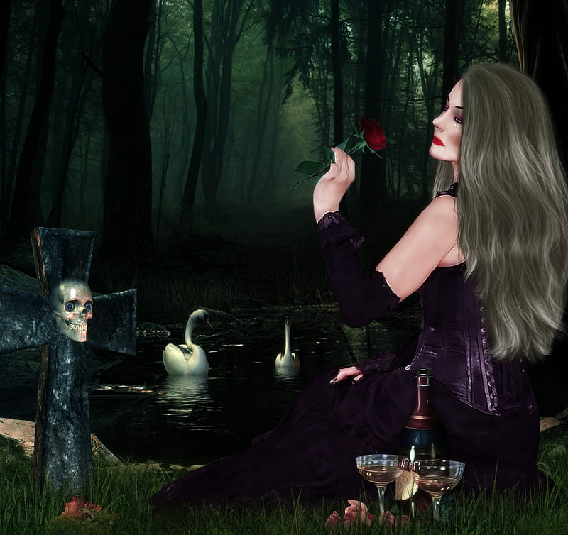 ~Remembering~, pretty, grass, bottle, women, red rose, fantasy, gothic, manipulation, love, emotional, headstone, tears, forests, love four seasons, creative pre-made, trees, dress, premade BG, charm, glasses, bonito, digital art, hair, crying, animals, female, model, wine, swans, grave, pond, girl, dark, plants, flower, weird things people wear, skull, HD wallpaper