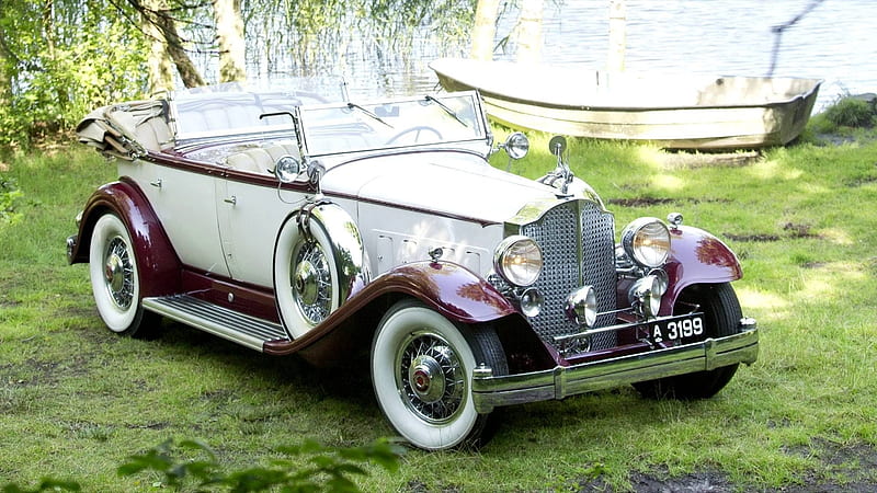 Packard Six Twin Phaeton 1932 Convertible, Boat, Luxury Car, Headlamps, Grill, White, Party, White Walls, Water, Cream Interior, Classic, Convertible, Car, Burgundy, Vintage, Bumper, HD wallpaper