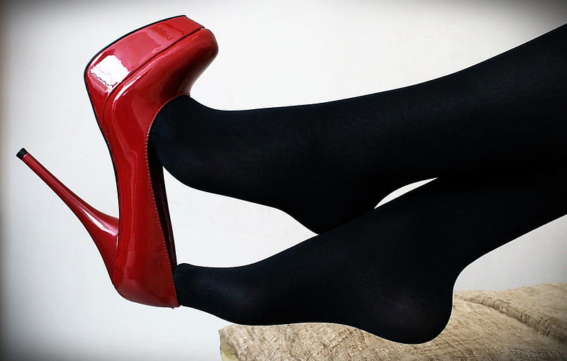 Red-heels-Black-hose, Stilettos, Feet, Heels, Hose, Woman, HD wallpaper