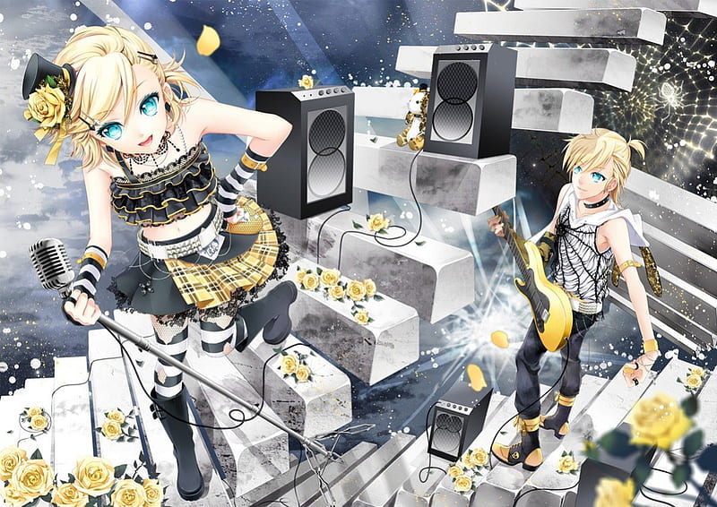 Vocaloid Rock Music, striped, pants, sweet, ponytail, gothic, web, anime girl, twins, kagmine rin, yellow flower, sky, happy, spider web, short hair, cute, short dress, guitar, cocoon, rose, boots, stairs, blue eyes, vocaloid, female, male, kagmine len, music, blonde hair, doll, hat, microphone, flower, petals, musical instrument, HD wallpaper