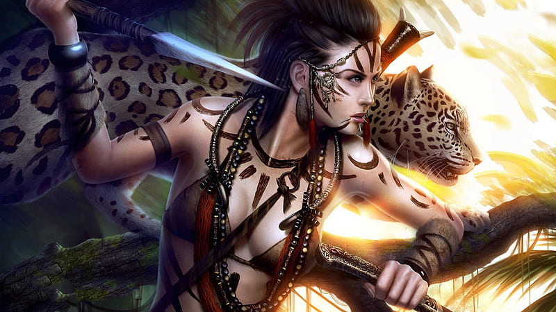 warrior girl and her leopard, leopard, warrior, big cat, girl, HD wallpaper