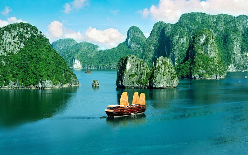 Vietnam Bay, rocks, trees, sky, bushes, passenger, vietnam, ship, ha long, bay, blue, HD wallpaper