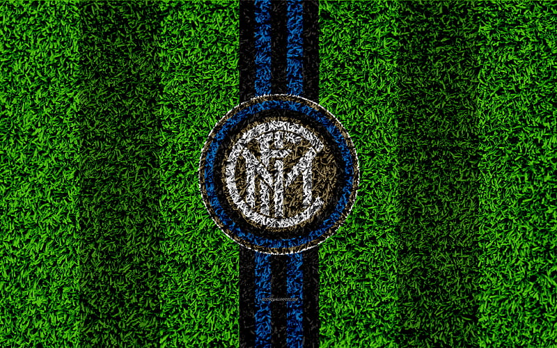 FC Internazionale logo, football lawn, Italian football club, blue black lines, Inter emblem, grass texture, Serie A, Milan, Italy, football, Inter Milan, HD wallpaper