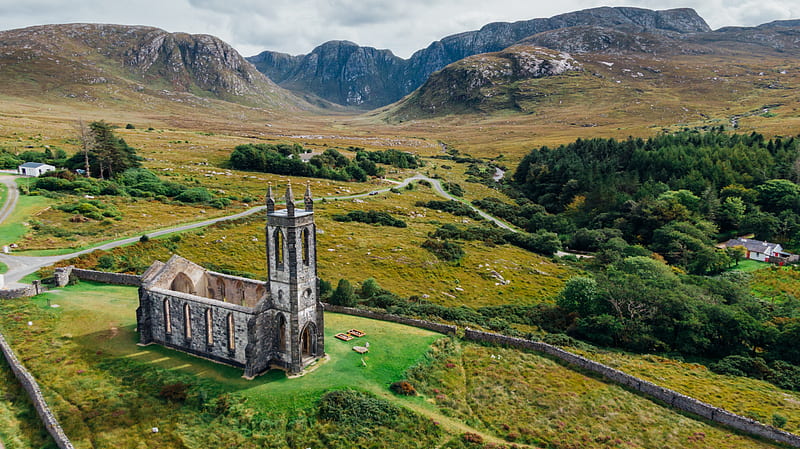 abandoned church, field, mountains, road, Landscape, HD wallpaper