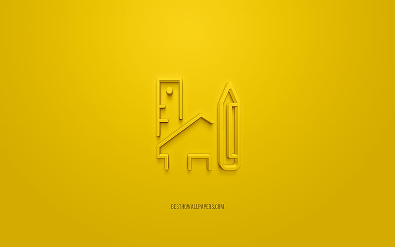 House Design 3d icon, yellow background, 3d symbols, House Design, creative 3d art, 3d icons, House Design sign, Construction 3d icons, HD wallpaper