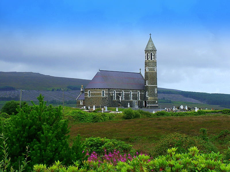 Church- Ireland, ireland, mountains, flowers, church, cemetry, HD wallpaper