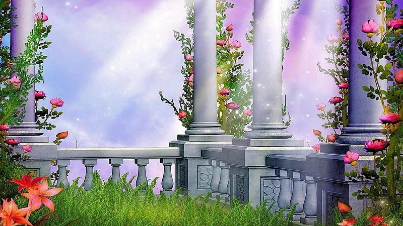Fantasy Garden, art, flowers, pillars, roses, HD wallpaper
