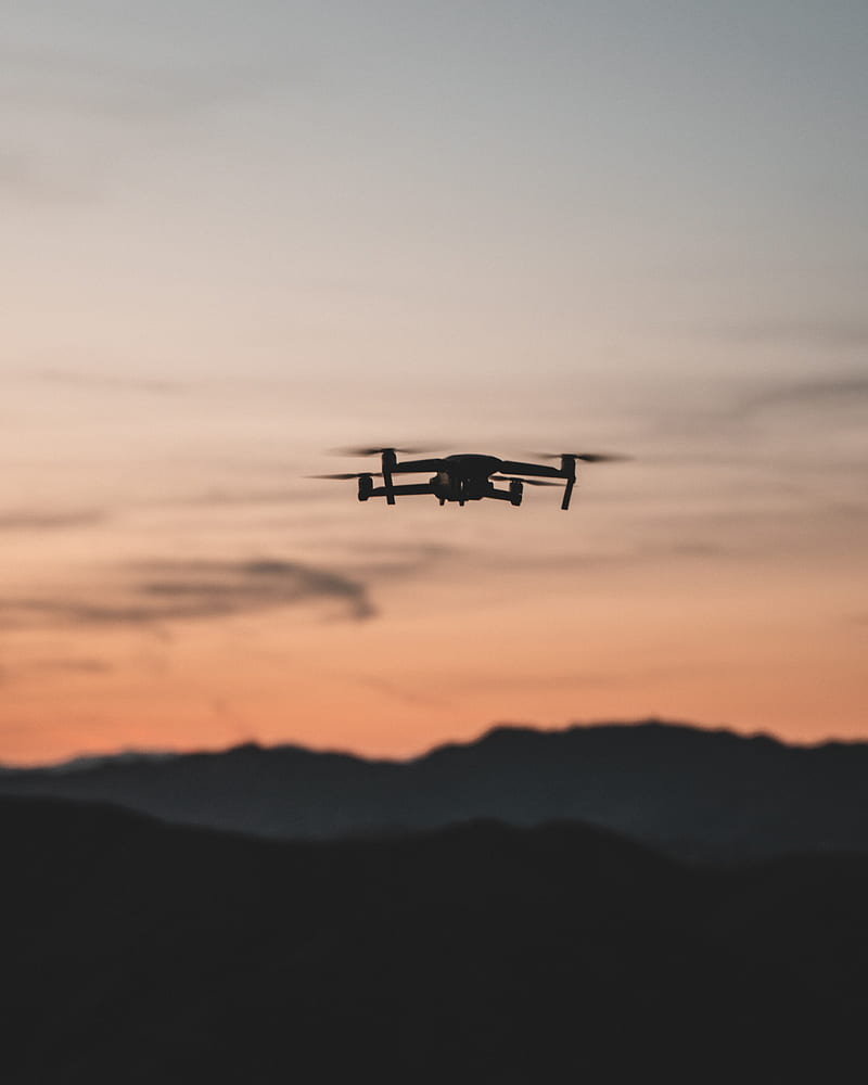 quadcopter, drone, flight, mountains, silhouette, sunset, HD phone wallpaper