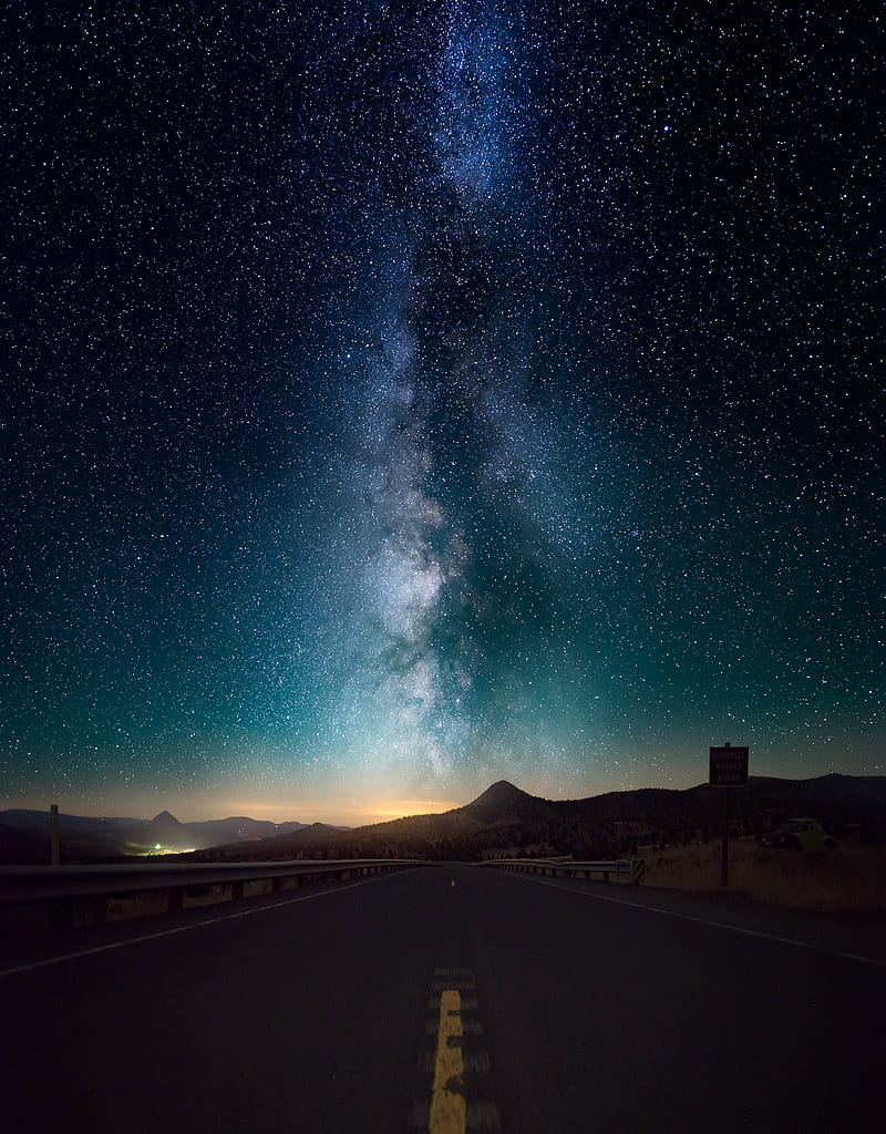 yol manzara, full , night, road, sky, starry, stars, universe, HD phone wallpaper