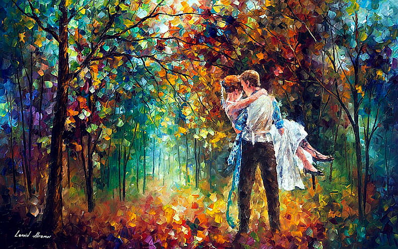 The moment of love, forest, art, orange, man, kiss, tree, girl, green, love, painting, leonid afremov, pictura, couple, HD wallpaper