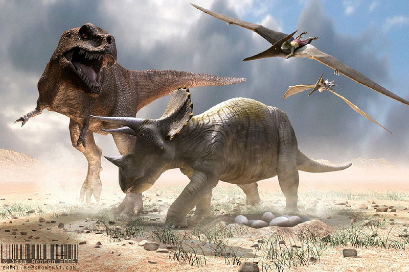 dinosaurs, triceratops, t-rex, prehistoric, teradactyls, HD wallpaper