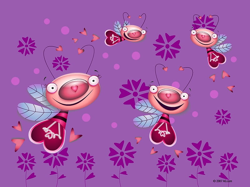 Love Bugs, cute, purple, love, bugs, flowers, HD wallpaper
