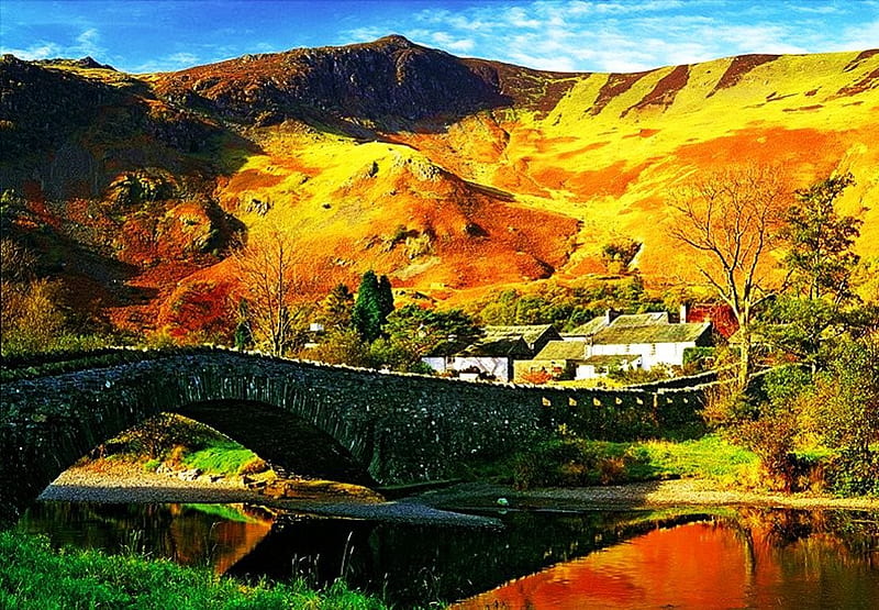 Derwent River, England, autumn, cottages, water, stone, bridge, reflection, landscape, HD wallpaper