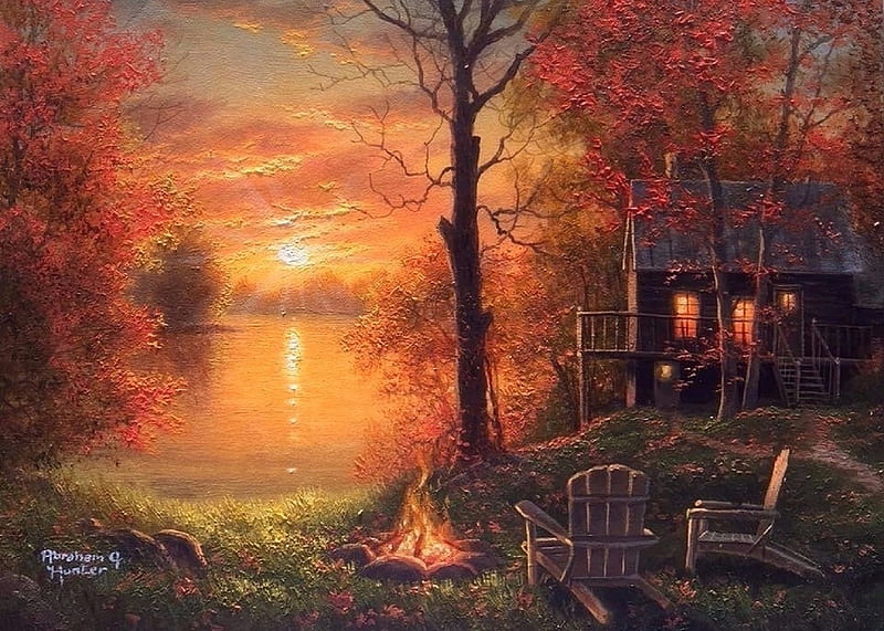 Peaceful in Fall, lakes, fall season, cottages, autumn, colors, love four seasons, attractions in dreams, trees, fire, leaves, paintings, sunsets, chairs, nature, HD wallpaper