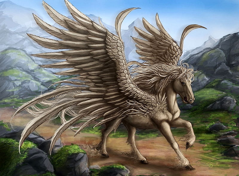 Pegasus, wings, unicorn, magic, horse, fly, fantasy, magical, feathers, HD wallpaper