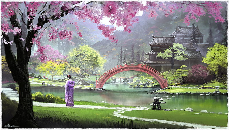 Japanese paradise, sakura, art, luminos, spring, lake, geisha, fantasy, girl, alejandro olmedo, bridge, pink, HD wallpaper