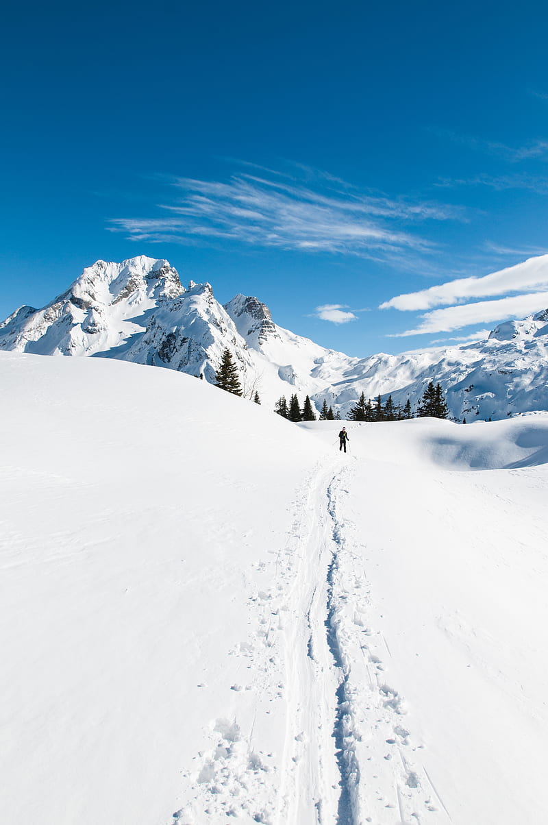 mountains, snow, skier, path, snowy, HD phone wallpaper