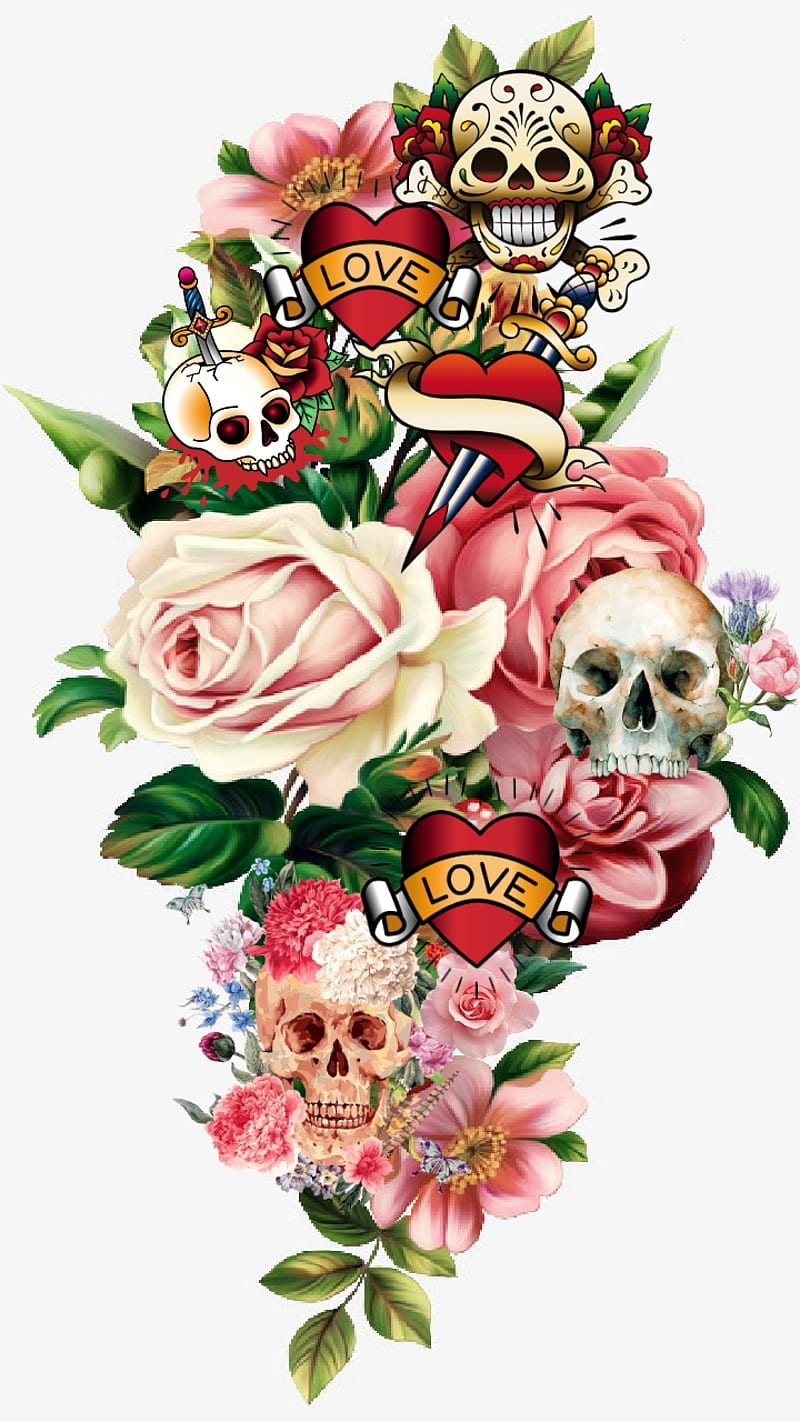 Full of Love, day, dead, flowers, heeart, love, peach, pink, skull ...