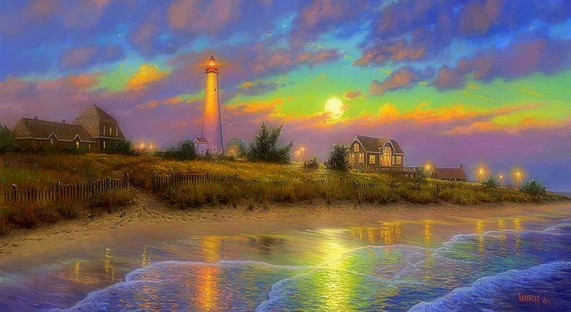 ★Twilight Moon★, architecture, moons, shore, cottages, panoramic, all lighthouses, colors, love four seasons, attractions in dreams, twilight, digital art, paintings, beaches, lighthouses, summer, nature, HD wallpaper
