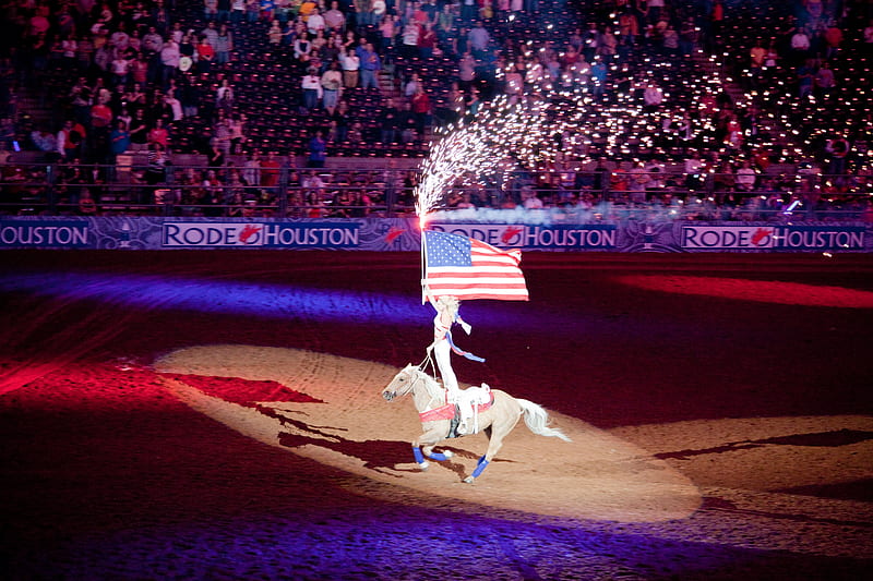 Cowgirl's Fourth of July Celebration @ Rodeo, Rodeo, Spectators, Cowgirl, Red, Houston, White, Sparkles, Spotlight, Bleachers, Show, American Flag, Arena, Blue, HD wallpaper