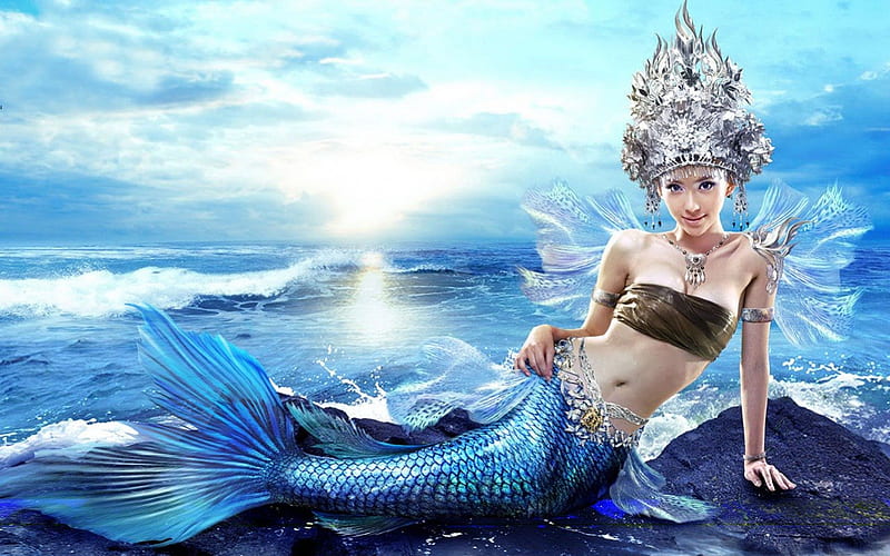 Mermaid, sun, fish, woman, silver, sea, beauty, blue, cloud, model, ocean, tail, waves, sky, hat, water, girl, asian, HD wallpaper