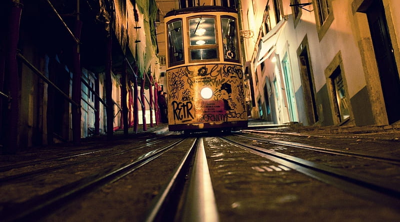 tram down a city hill, track, tram, city, graffiti, street, HD wallpaper