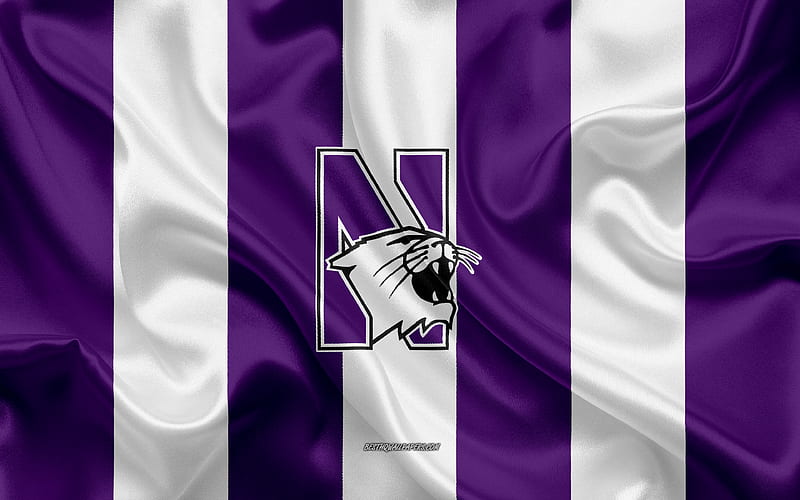 Northwestern Wildcats, American football team, emblem, silk flag, purple white silk texture, NCAA, Northwestern Wildcats logo, Evanston, Illinois, USA, American football, HD wallpaper