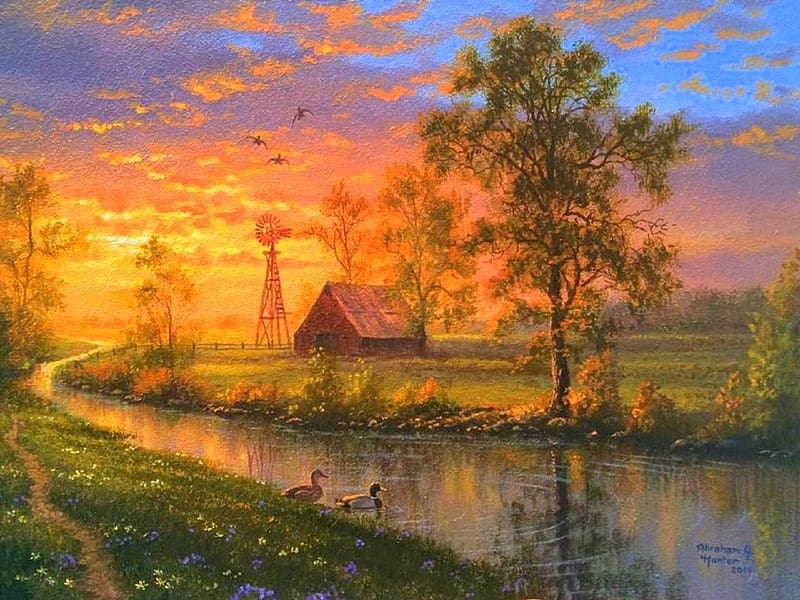 Serenity Fields, hut, colors, love four seasons, ducks, bonito, spring, trees, paintings, serenity, nature, fields, streams, HD wallpaper