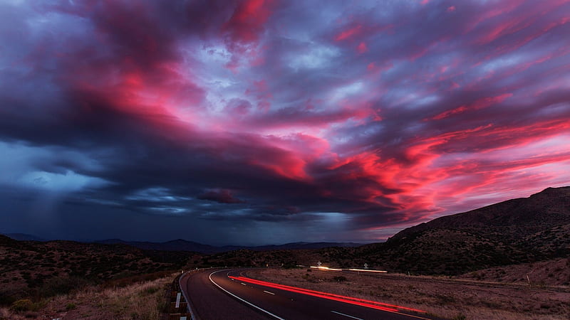 red skies over a prairie highway, red, highway, prairie, clouds, sky, lights, HD wallpaper