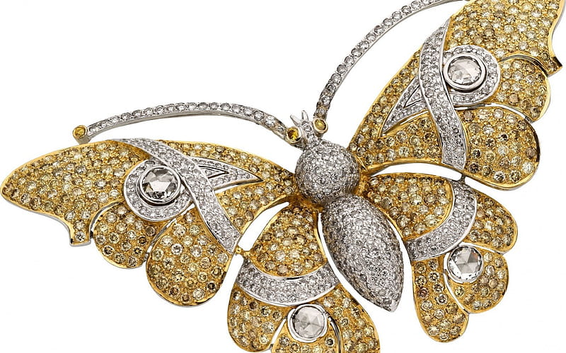 Butterfly, golden, jewel, brooch, silver, HD wallpaper