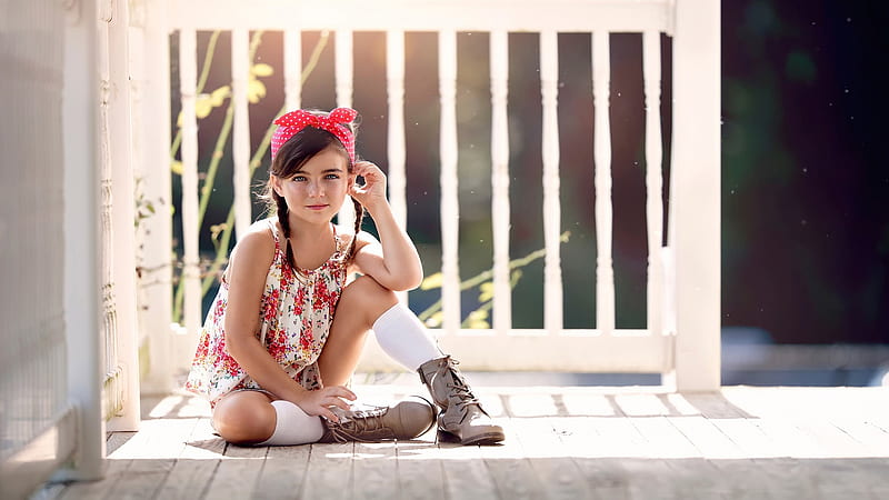 Cute Little Girl Is Sitting On Wooden Floor Wearing Flower Printed Dress And Red Headband Cute, HD wallpaper