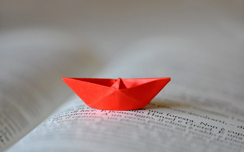 Small paper boat, books, abstract, red and black, two colors, HD wallpaper