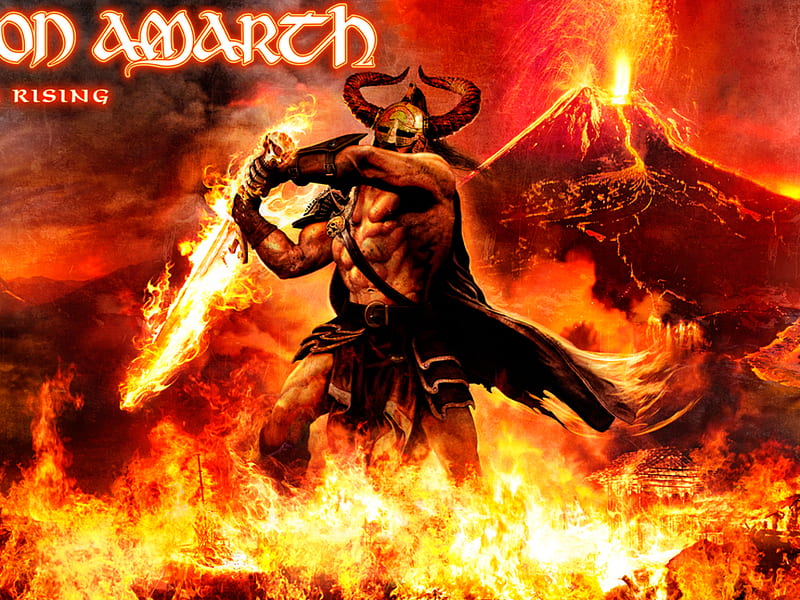 the warrior, fire, skulls, helmet, muscular, volcano, sword, HD wallpaper