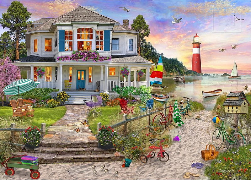 Beach Cove, artwork, lighthouse, boats, cottage, chairs, umbrella, digital, HD wallpaper