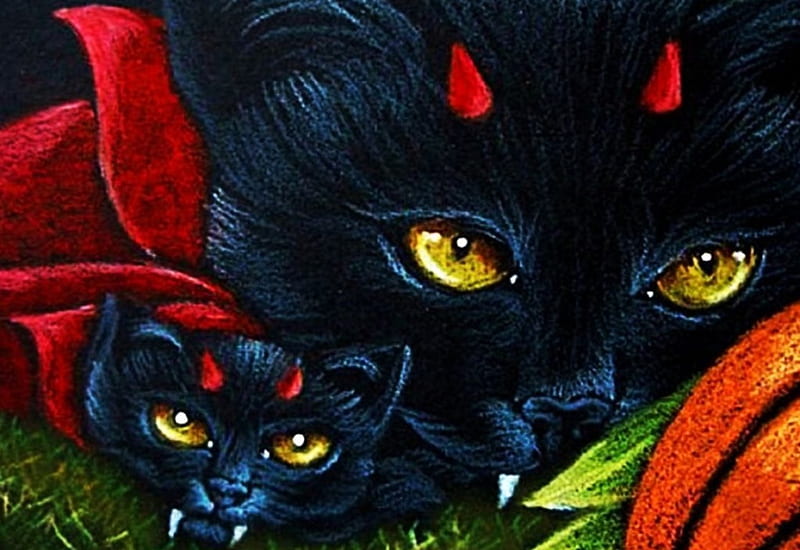Vampire, halloween, painting, eyes, cats, artwork, teeth, HD wallpaper