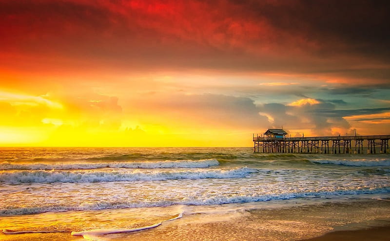 Sunset at Beach, red, orange, sunset, waves, sky, splendor, harbour, beaches, bautiful, nature, harbor, HD wallpaper