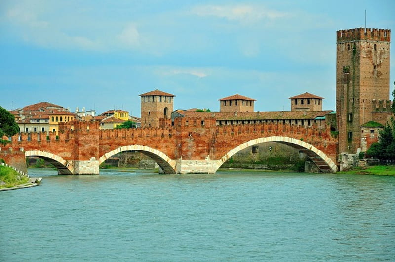 Ponte Scaligero (Verona)_Italy, architecture, Italia, grass, Italy, ruins, old, nice, monument, green, landscapes, village, river, hills, ancient, view, houses, town, colors, sky, trees, panorama, building, water, antique, medieval, verona, Arena, castle, HD wallpaper