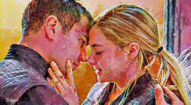 Tris and Four ~ Sunset kiss, art, movie, Theo James, by cehenot, cehenot, kiss, tris, four, actress, painting, Shailene Woodley, portrait, pictura, couple, actor, HD wallpaper