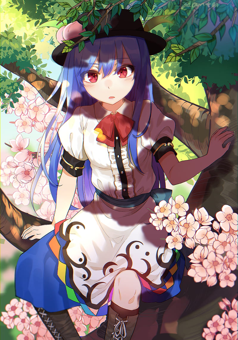 hinanawi tenshi, touhou, cherry blossom, spring, blue hair, hat, tree, Anime, HD phone wallpaper