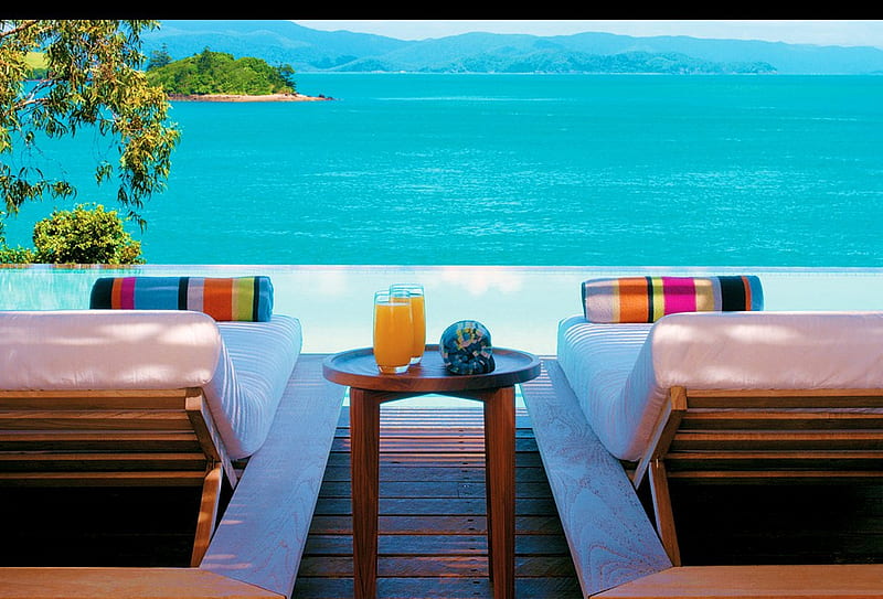 The view from here, two, view, drinks, ocean, chairs, deck, relaxation, HD wallpaper