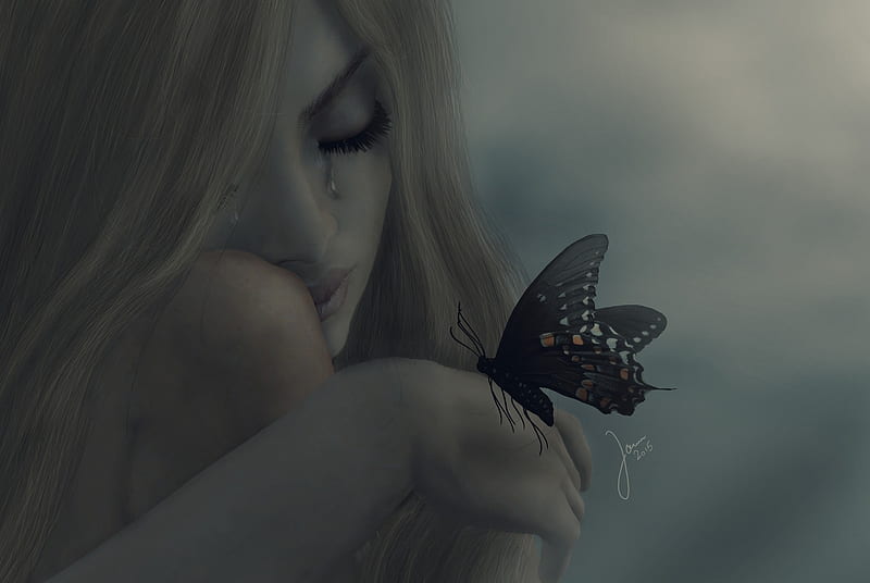 Girl, Tears, Butterfly, Sadness, HD wallpaper