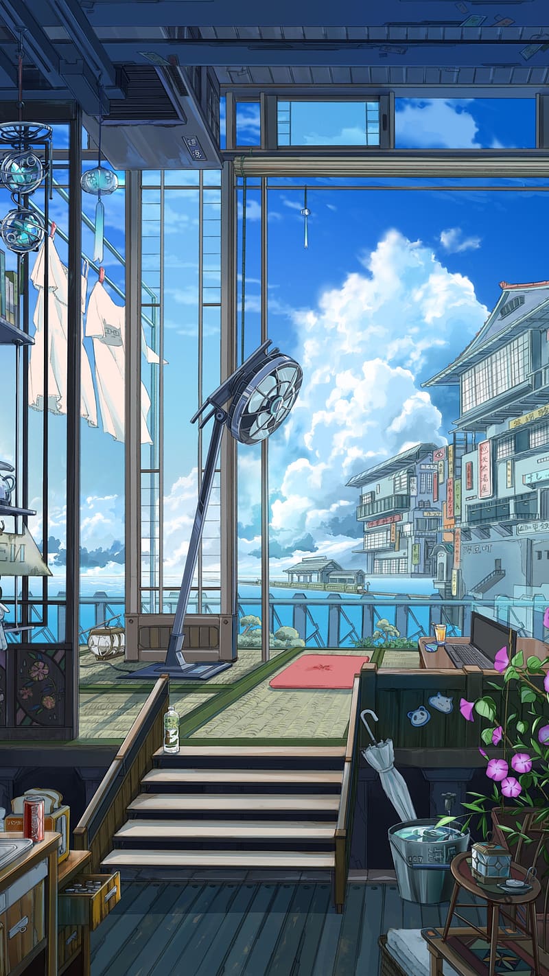 Anime Scenery With Sea View, anime scenery, house, fan, clouds, animation, HD phone wallpaper