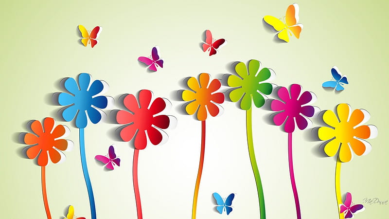 Butterfly Flower Medley, colorful, butterflies, spring, rainbow, cut-outs, 3D, bright, summer, flowers, paper, Firefox Persona theme, HD wallpaper