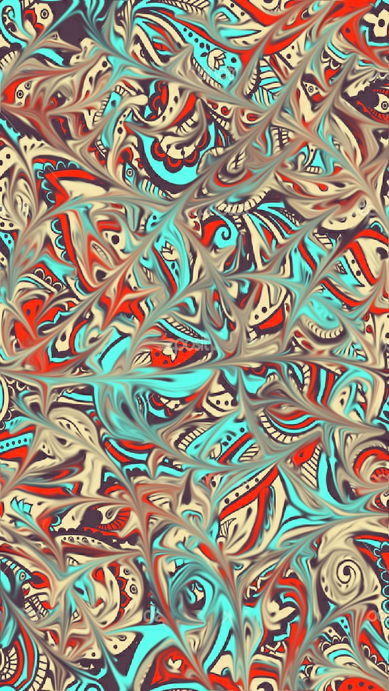 Overflow, background, desenho, paisley, pattern, red, turquoise, whimsical, HD phone wallpaper