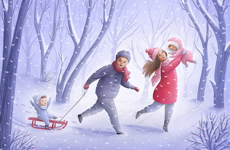 Beautiful Winter Illustration Ultra, Artistic, Drawings, Winter, Love, Trees, Drawing, Children, Playing, Family, Snow, kids, Fairytale, having fun, parents, HD wallpaper